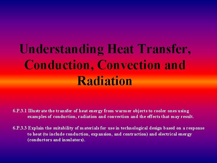 Understanding Heat Transfer, Conduction, Convection and Radiation 6. P. 3. 1 Illustrate the transfer