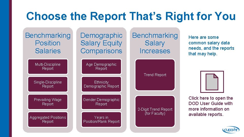 Choose the Report That’s Right for You Benchmarking Position Salaries Demographic Salary Equity Comparisons