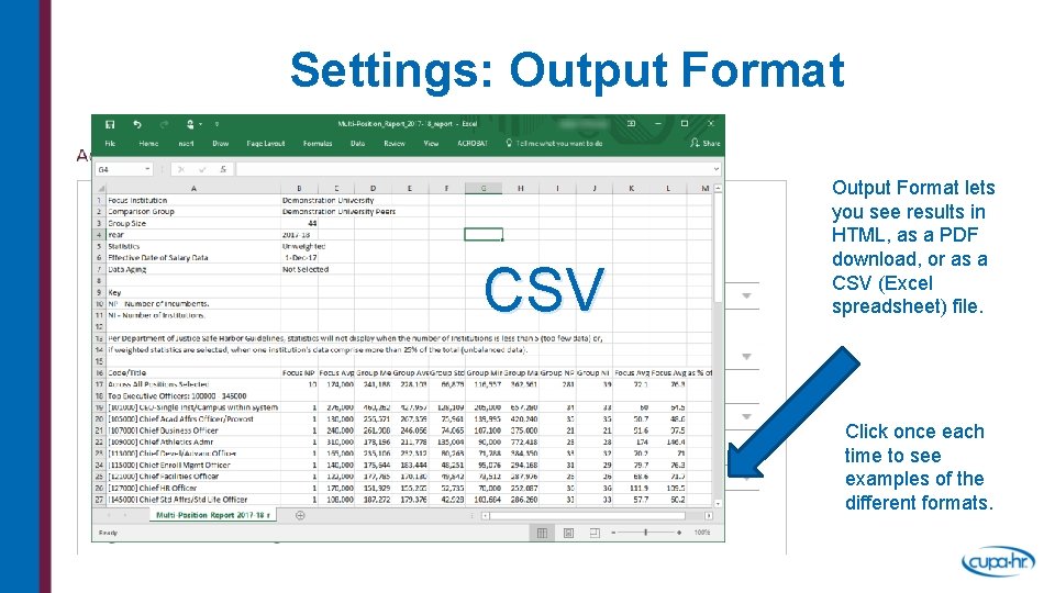 Settings: Output Format HTML PDF CSV Output Format lets you see results in HTML,