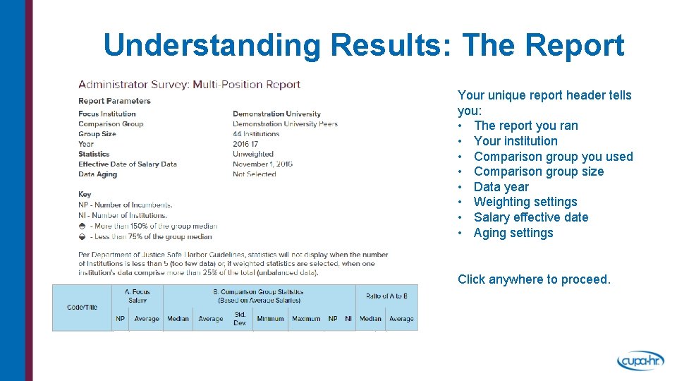 Understanding Results: The Report Your unique report header tells you: • The report you