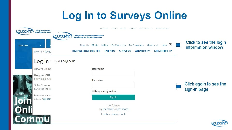 Log In to Surveys Online Click to see the login information window Click again