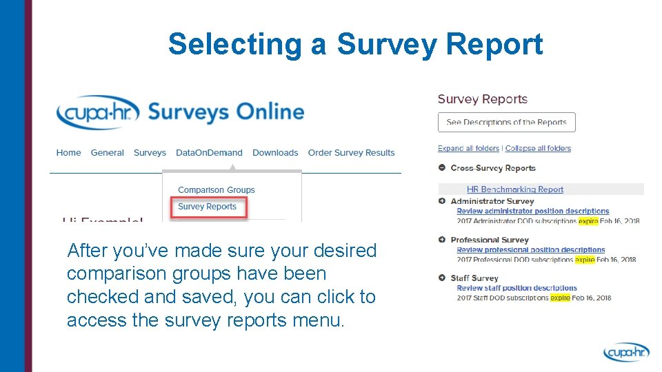 Selecting a Survey Report After you’ve made sure your desired comparison groups have been