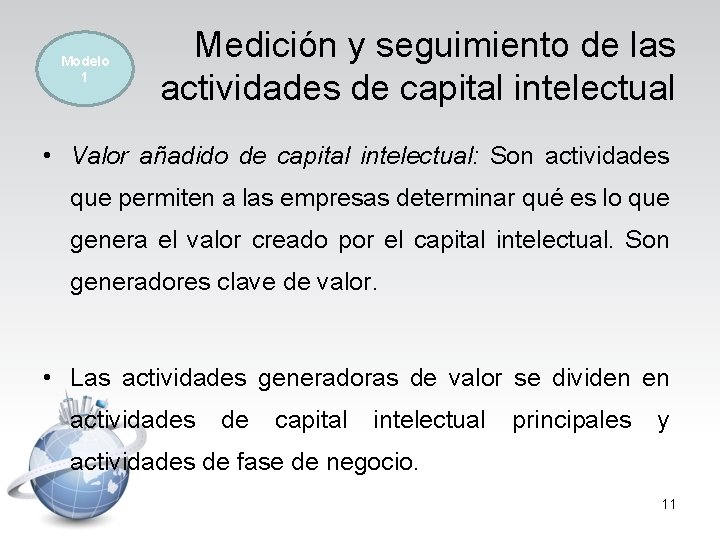 Modelo 1 Medición y seguimiento de las actividades de capital intelectual • Valor añadido