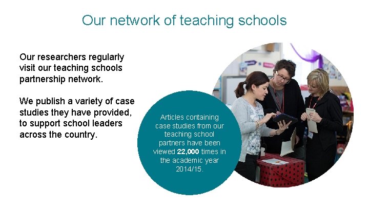 Our network of teaching schools Our researchers regularly visit our teaching schools partnership network.