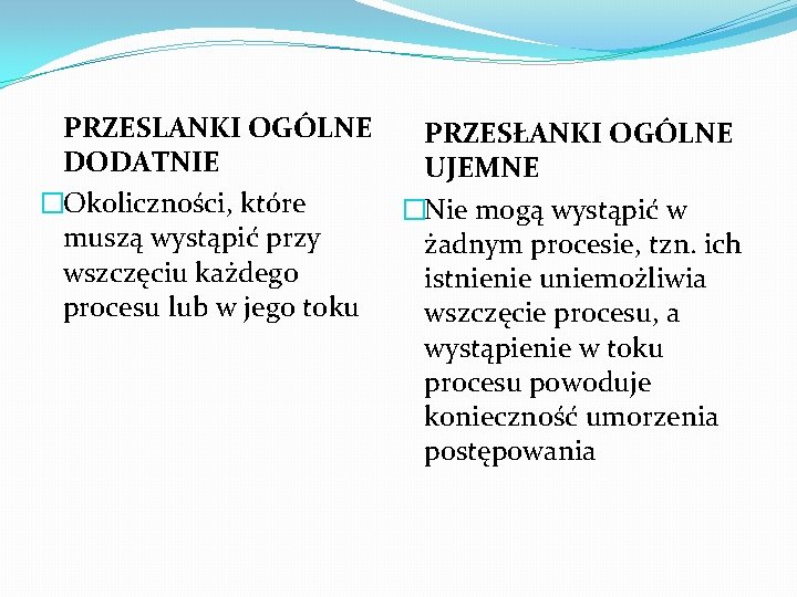 PRZESLANKI OGÓLNE PRZESŁANKI OGÓLNE DODATNIE UJEMNE �Okoliczności, które �Nie mogą wystąpić w muszą wystąpić