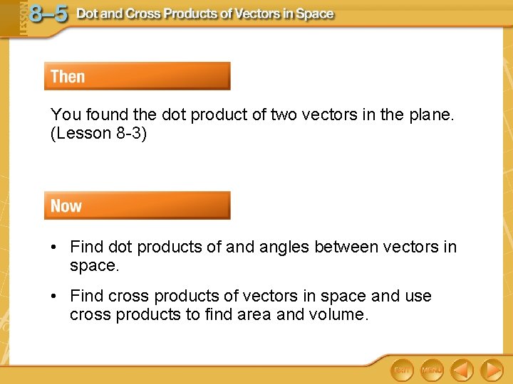 You found the dot product of two vectors in the plane. (Lesson 8 -3)