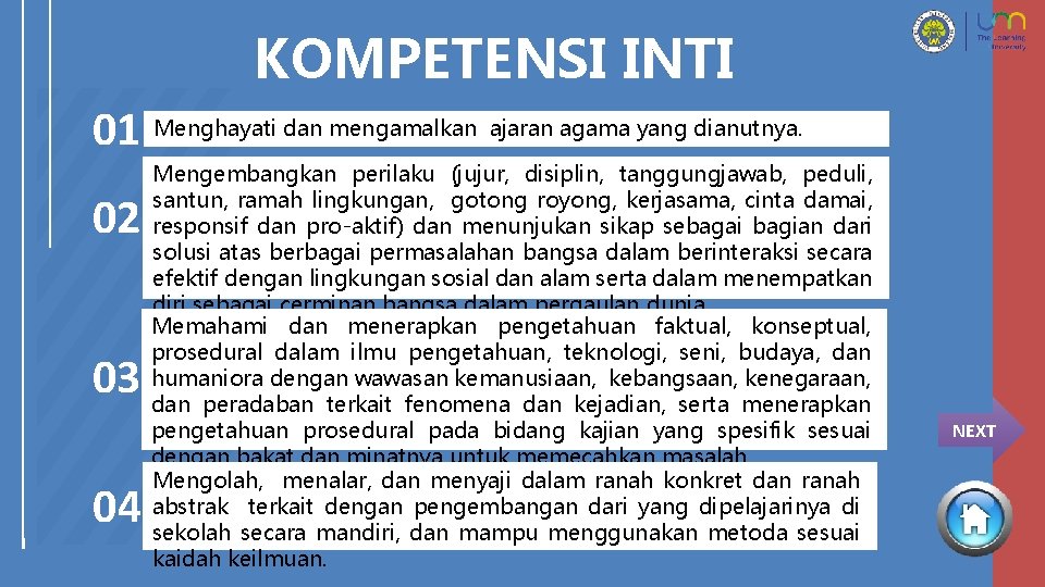 KOMPETENSI INTI 01 Menghayati dan mengamalkan ajaran agama yang dianutnya. 02 03 04 Mengembangkan