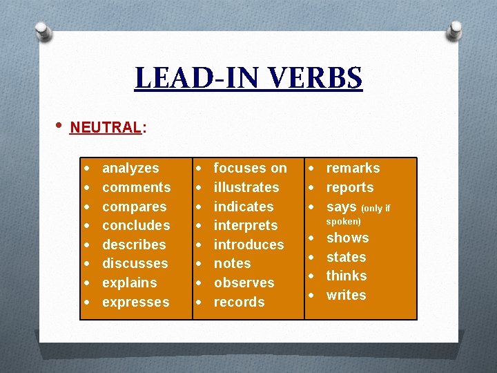 LEAD-IN VERBS • NEUTRAL: analyzes comments compares concludes describes discusses explains expresses focuses on