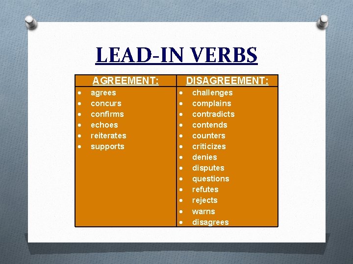 LEAD-IN VERBS AGREEMENT: agrees concurs confirms echoes reiterates supports DISAGREEMENT: challenges complains contradicts contends