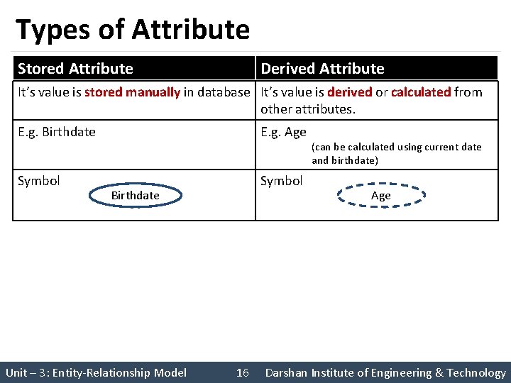 Types of Attribute Stored Attribute Derived Attribute It’s value is stored manually in database