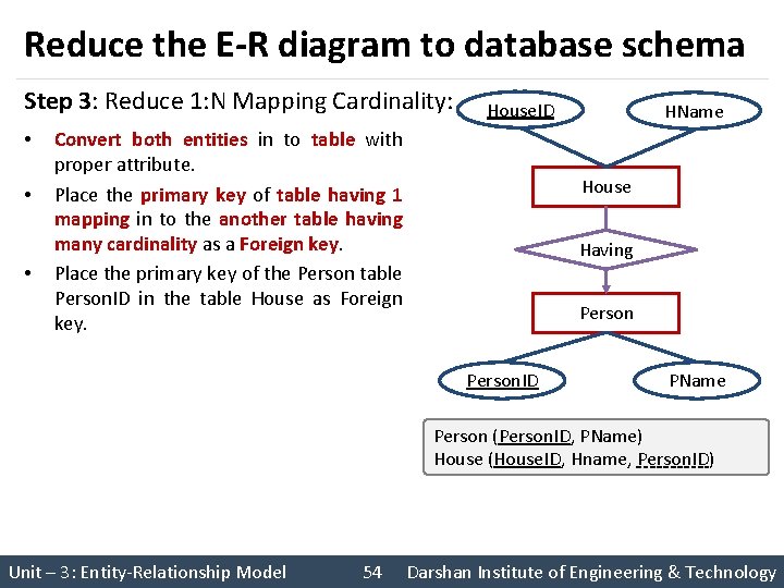 Reduce the E-R diagram to database schema Step 3: Reduce 1: N Mapping Cardinality: