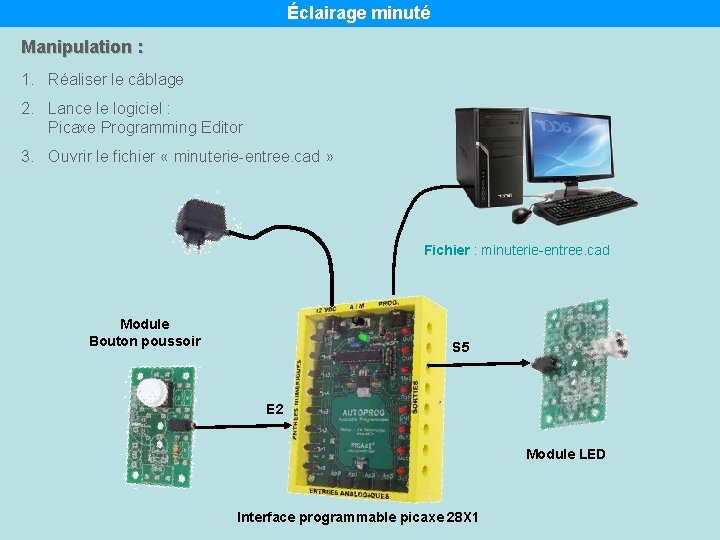 Éclairage minuté Manipulation : 1. Réaliser le câblage 2. Lance le logiciel : Picaxe