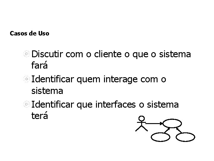 Casos de Uso Discutir com o cliente o que o sistema fará Identificar quem