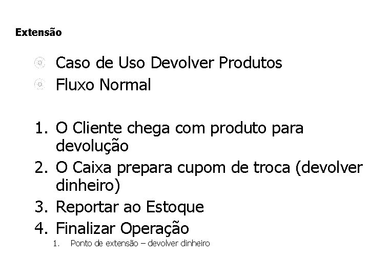 Extensão Caso de Uso Devolver Produtos Fluxo Normal 1. O Cliente chega com produto