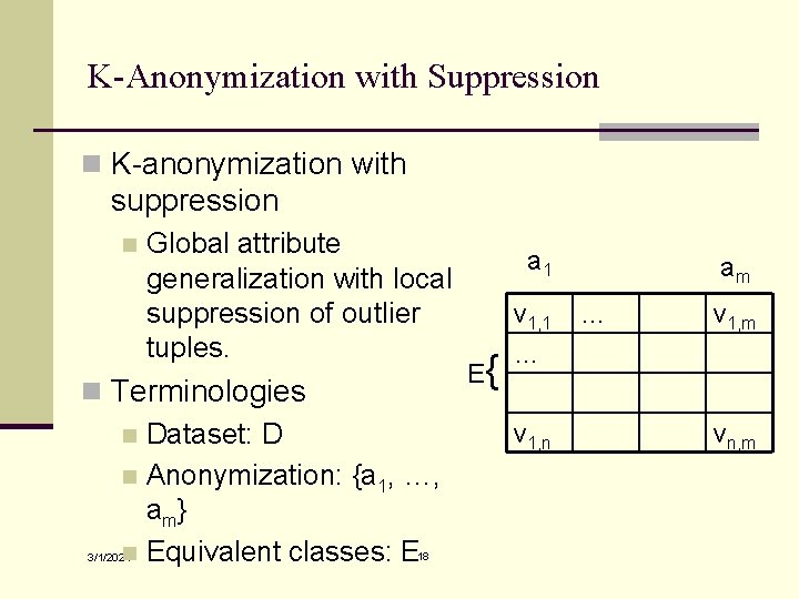 K-Anonymization with Suppression n K-anonymization with suppression n Global attribute generalization with local suppression