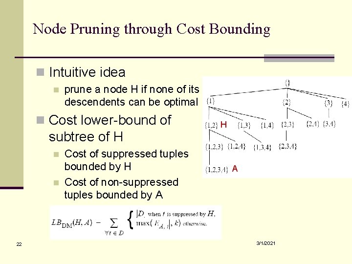 Node Pruning through Cost Bounding n Intuitive idea n prune a node H if