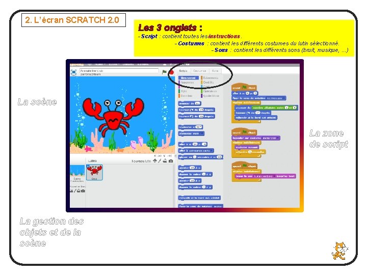 2. L’écran SCRATCH 2. 0 Les 3 onglets : - Script : contient toutes