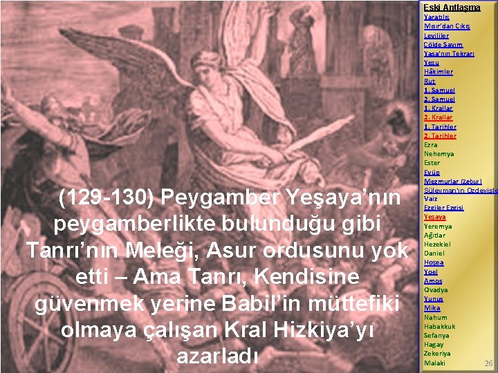 Eski Antlaşma (129 -130) Peygamber Yeşaya’nın peygamberlikte bulunduğu gibi Tanrı’nın Meleği, Asur ordusunu yok