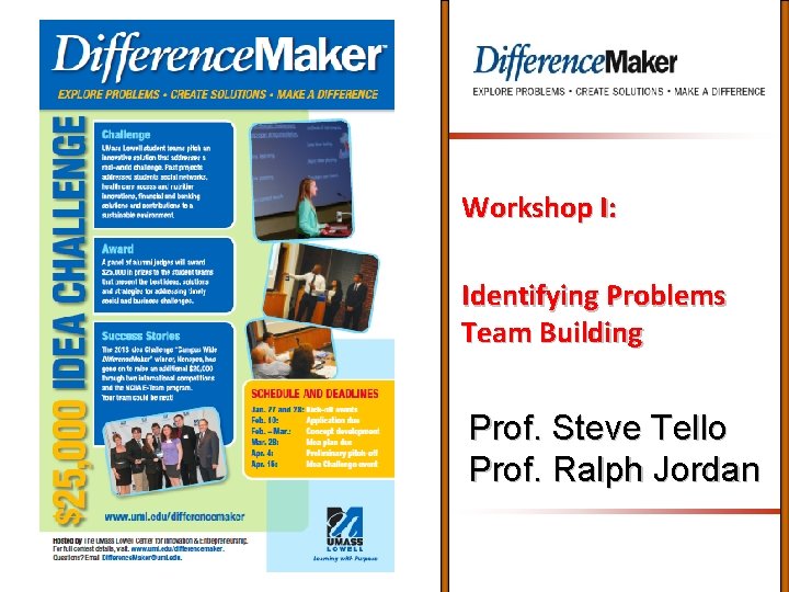 Workshop I: Identifying Problems Team Building Prof. Steve Tello Prof. Ralph Jordan 