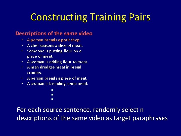 Constructing Training Pairs Descriptions of the same video • A person breads a pork