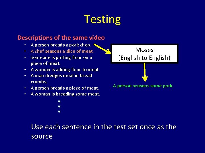 Testing Descriptions of the same video • A person breads a pork chop. •