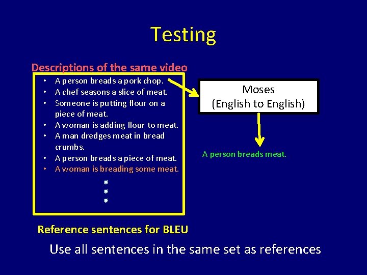 Testing Descriptions of the same video • A person breads a pork chop. •
