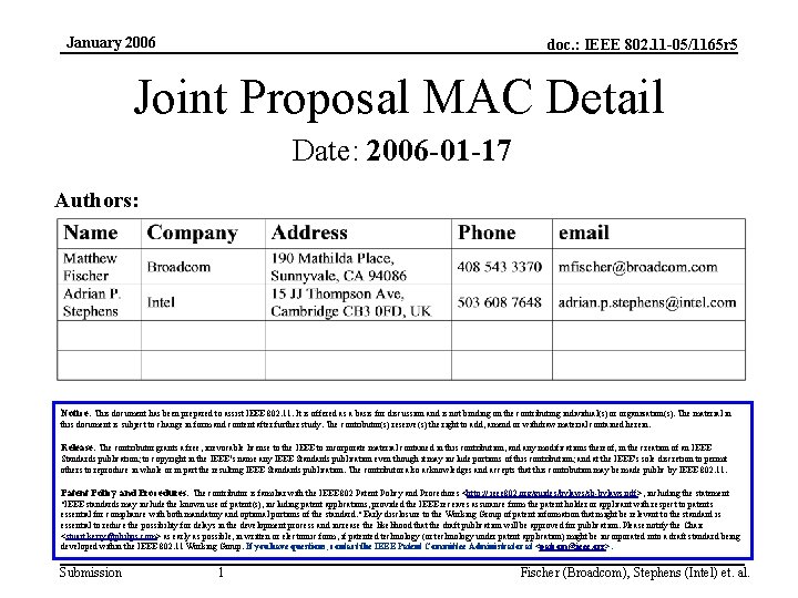 January 2006 doc. : IEEE 802. 11 -05/1165 r 5 Joint Proposal MAC Detail