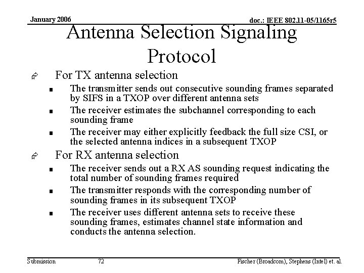 January 2006 doc. : IEEE 802. 11 -05/1165 r 5 Antenna Selection Signaling Protocol