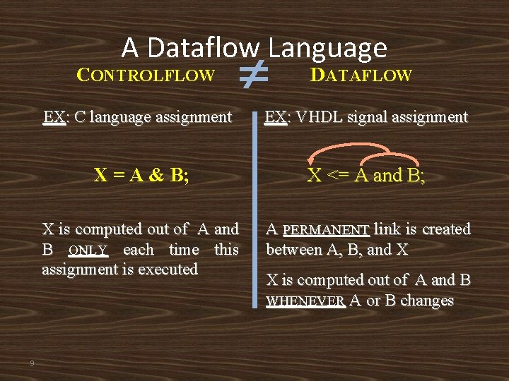 A Dataflow Language CONTROLFLOW 9 DATAFLOW EX: C language assignment EX: VHDL signal assignment