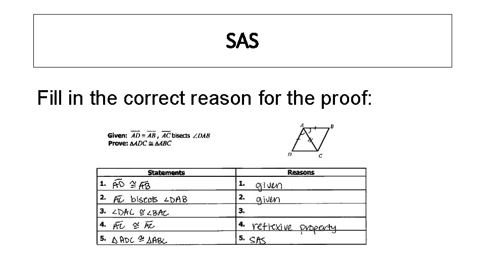 SAS Fill in the correct reason for the proof: 