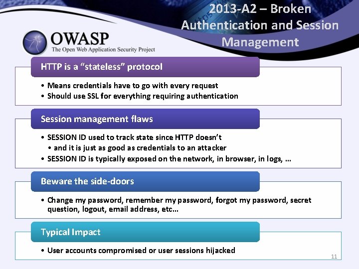 2013 -A 2 – Broken Authentication and Session Management HTTP is a “stateless” protocol