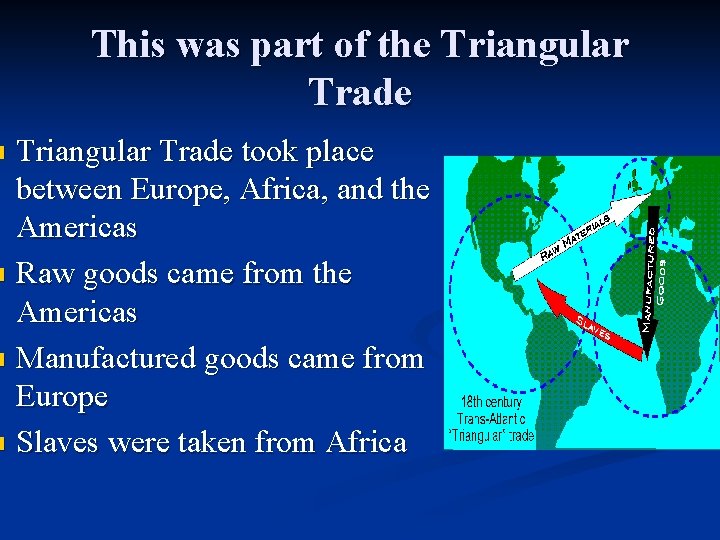 This was part of the Triangular Trade took place between Europe, Africa, and the