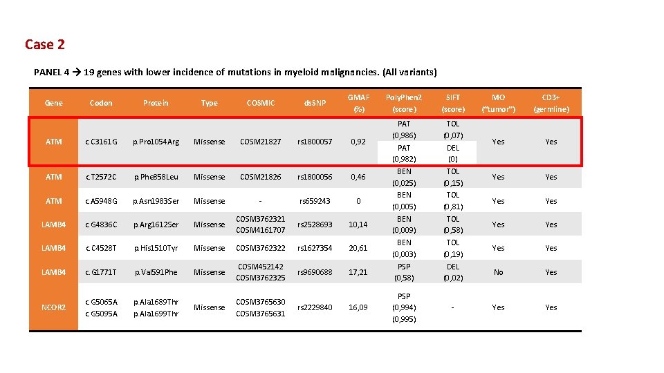 Case 2 PANEL 4 → 19 genes with lower incidence of mutations in myeloid