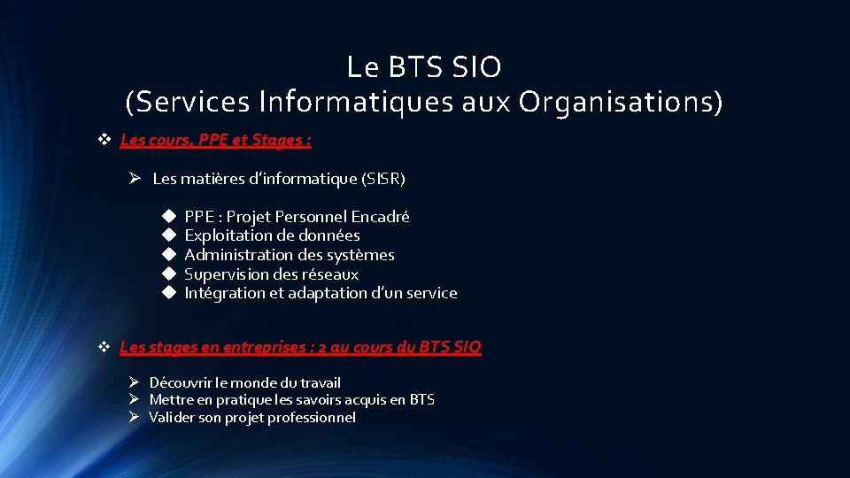 Le BTS SIO (Services Informatiques aux Organisations) v Les cours, PPE et Stages :