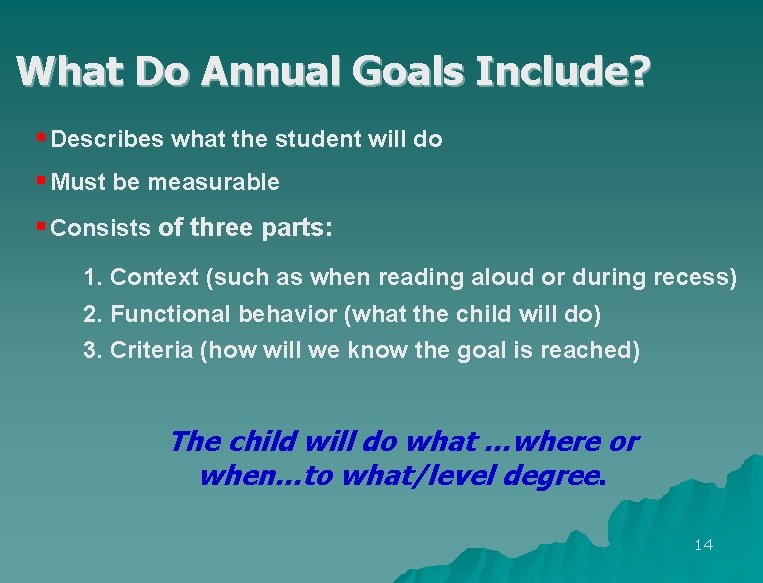 What Do Annual Goals Include? § Describes what the student will do § Must
