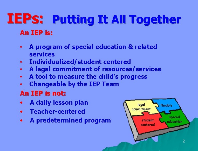 IEPs: Putting It All Together An IEP is: • • • A program of