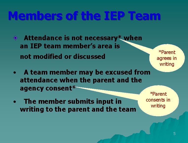 Members of the IEP Team Attendance is not necessary* when an IEP team member’s