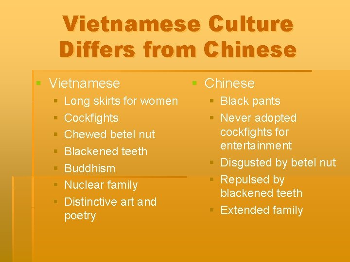 Vietnamese Culture Differs from Chinese § Vietnamese § § § § Long skirts for