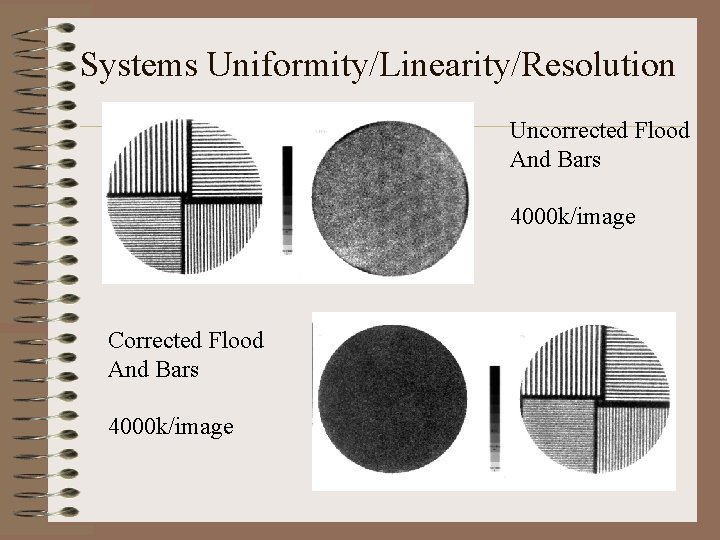 Systems Uniformity/Linearity/Resolution Uncorrected Flood And Bars 4000 k/image Corrected Flood And Bars 4000 k/image