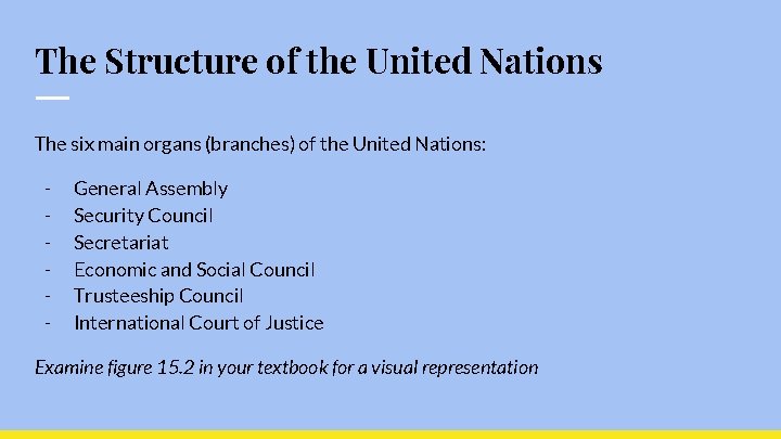 The Structure of the United Nations The six main organs (branches) of the United