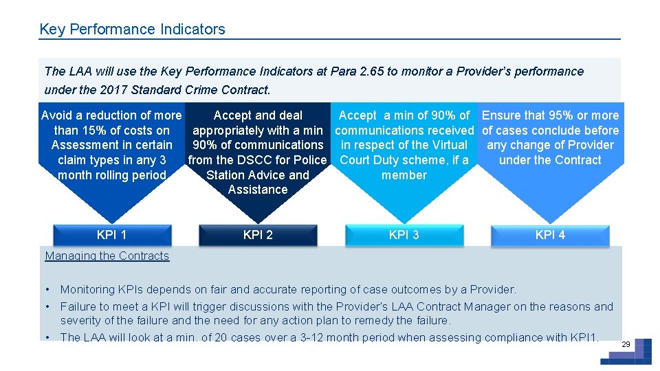 Key Performance Indicators The LAA will use the Key Performance Indicators at Para 2.
