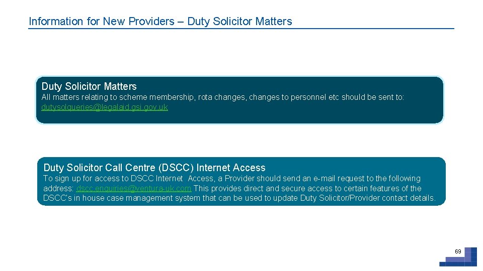 Information for New Providers – Duty Solicitor Matters All matters relating to scheme membership,
