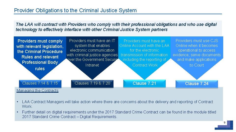 Provider Obligations to the Criminal Justice System The LAA will contract with Providers who