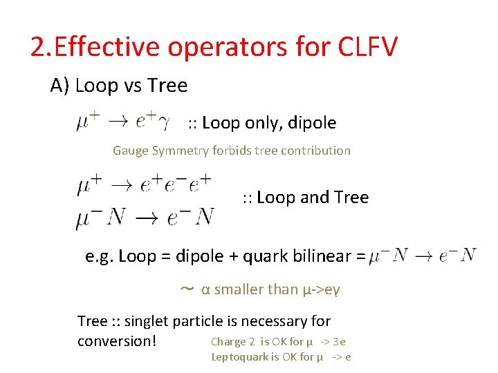 2. Effective operators for CLFV A) Loop vs Tree : : Loop only, dipole