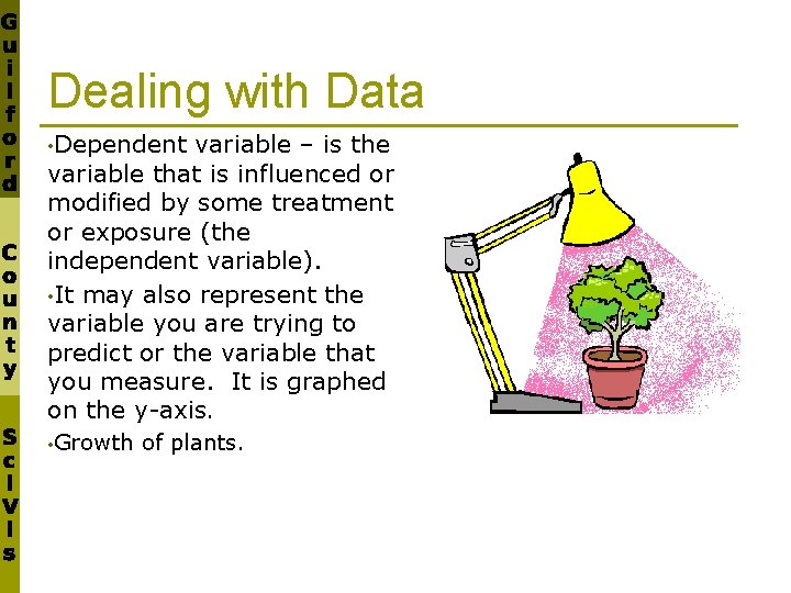 Dealing with Data • Dependent variable – is the variable that is influenced or