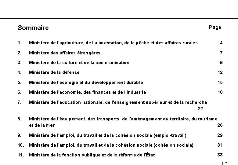 Sommaire Page 1. Ministère de l'agriculture, de l’alimentation, de la pêche et des affaires