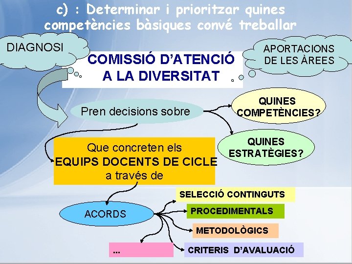 c) : Determinar i prioritzar quines competències bàsiques convé treballar DIAGNOSI COMISSIÓ D’ATENCIÓ A