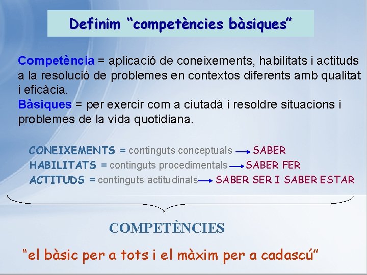 Definim “competències bàsiques” Competència = aplicació de coneixements, habilitats i actituds a la resolució