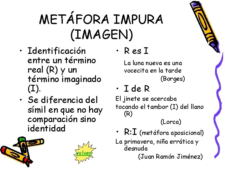 METÁFORA IMPURA (IMAGEN) • Identificación entre un término real (R) y un término imaginado