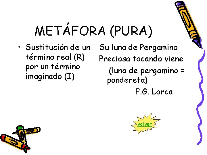 METÁFORA (PURA) • Sustitución de un término real (R) por un término imaginado (I)